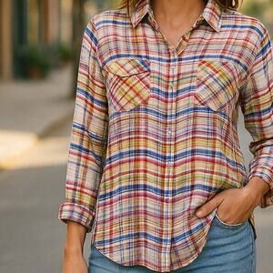 CAbi #797 Modern Plaid Cirque Blouse Roll-Tab Sleeves Shirt - Size XS
